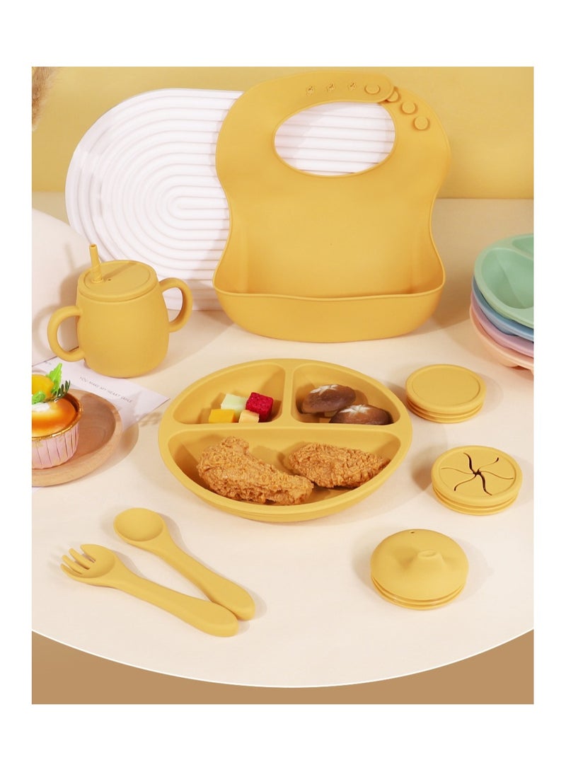 Children's Silicone Tableware Set Baby Food Tray Tableware (Tray + Saliva Pocket) Yellow Two-Piece Set