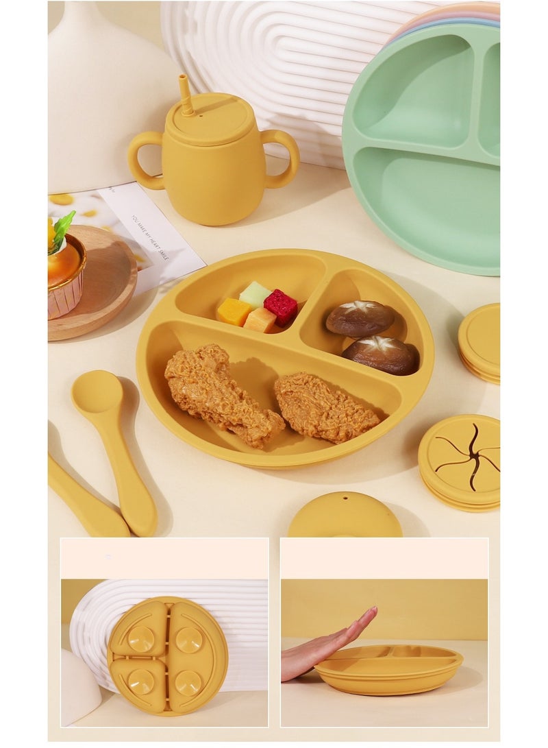 Children's Silicone Tableware Set Baby Food Tray Tableware (Tray + Saliva Pocket) Yellow Two-Piece Set