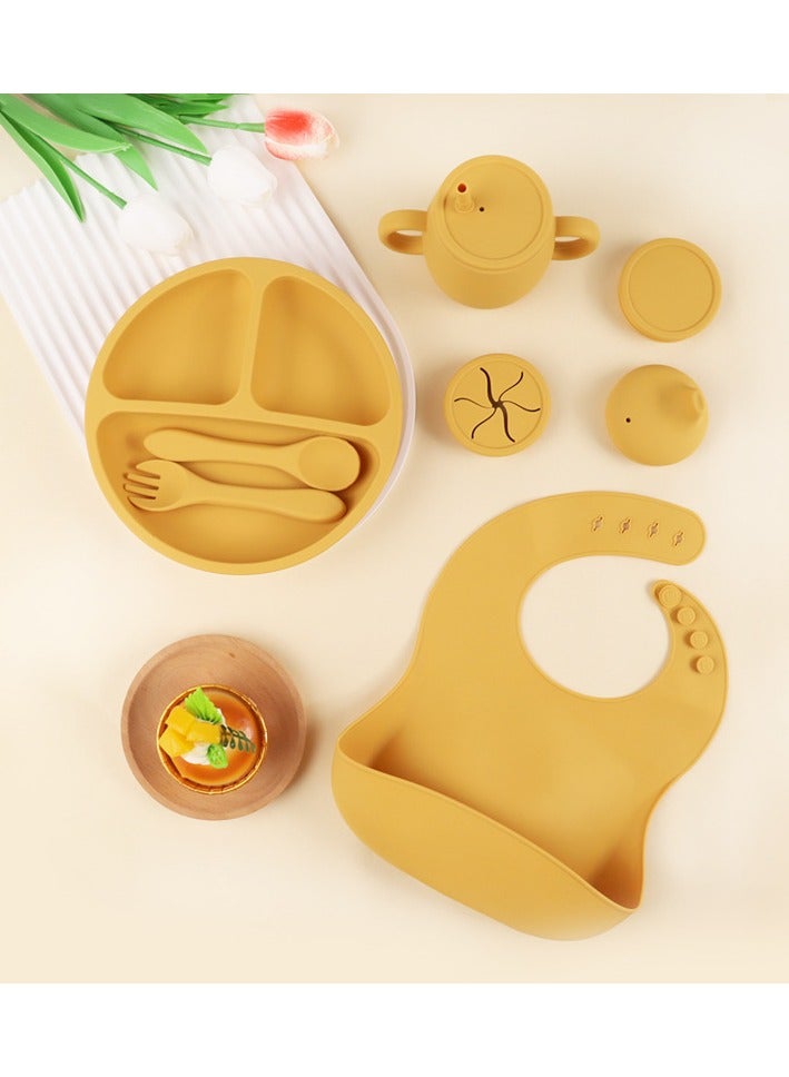 Children's Silicone Tableware Set Baby Food Tray Tableware (Tray + Saliva Pocket) Yellow Two-Piece Set