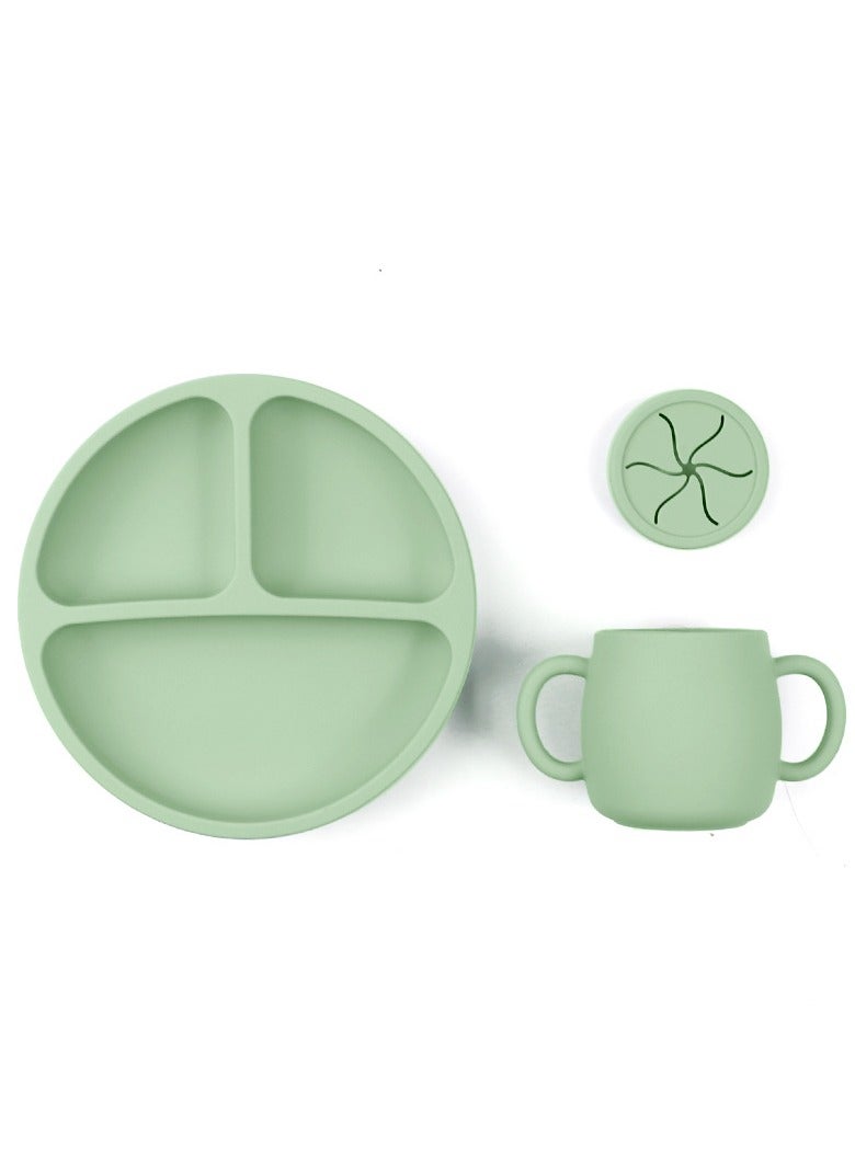 Children's Silicone Tableware Set Baby Food Tray Tableware (Tray + Water Cup + Lid) Green Three-Piece Sett