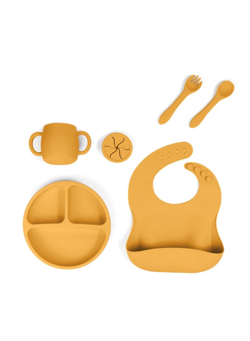 Children's Silicone Tableware Set (Baby Food Tray, Tableware, Tray + Saliva Holder + Fork And Spoon + Water Cup + Lid) Yellow Five-Piece set