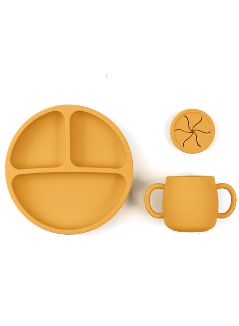 Children's Silicone Tableware Set Baby Food Tray Tableware (Tray + Water Cup + Lid) Yellow Three-Piece Sett