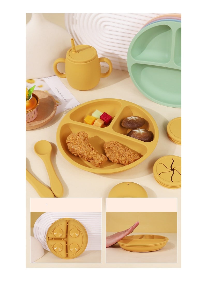 Children's Silicone Tableware Set Baby Food Tray Tableware (Tray + Water Cup + Lid) Yellow Three-Piece Sett