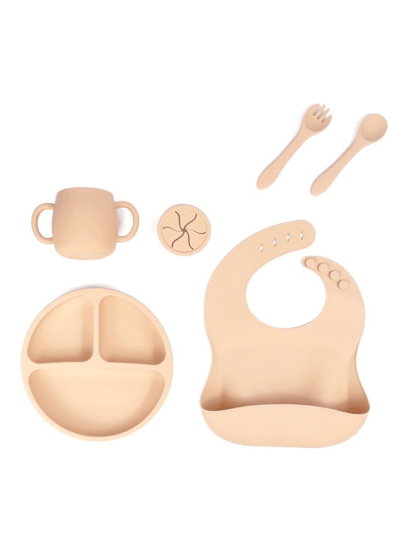 Children's Silicone Tableware Set (Baby Food Tray, Tableware, Tray + Saliva Holder + Fork And Spoon + Water Cup + Lid) Beige Five-Piece set