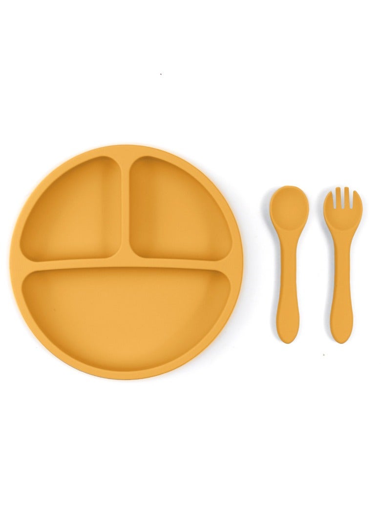 Children's Silicone Tableware Set Baby Food Supplement Purple Plate Tableware (Plate + Fork Spoon) Yellow Two-piece Set