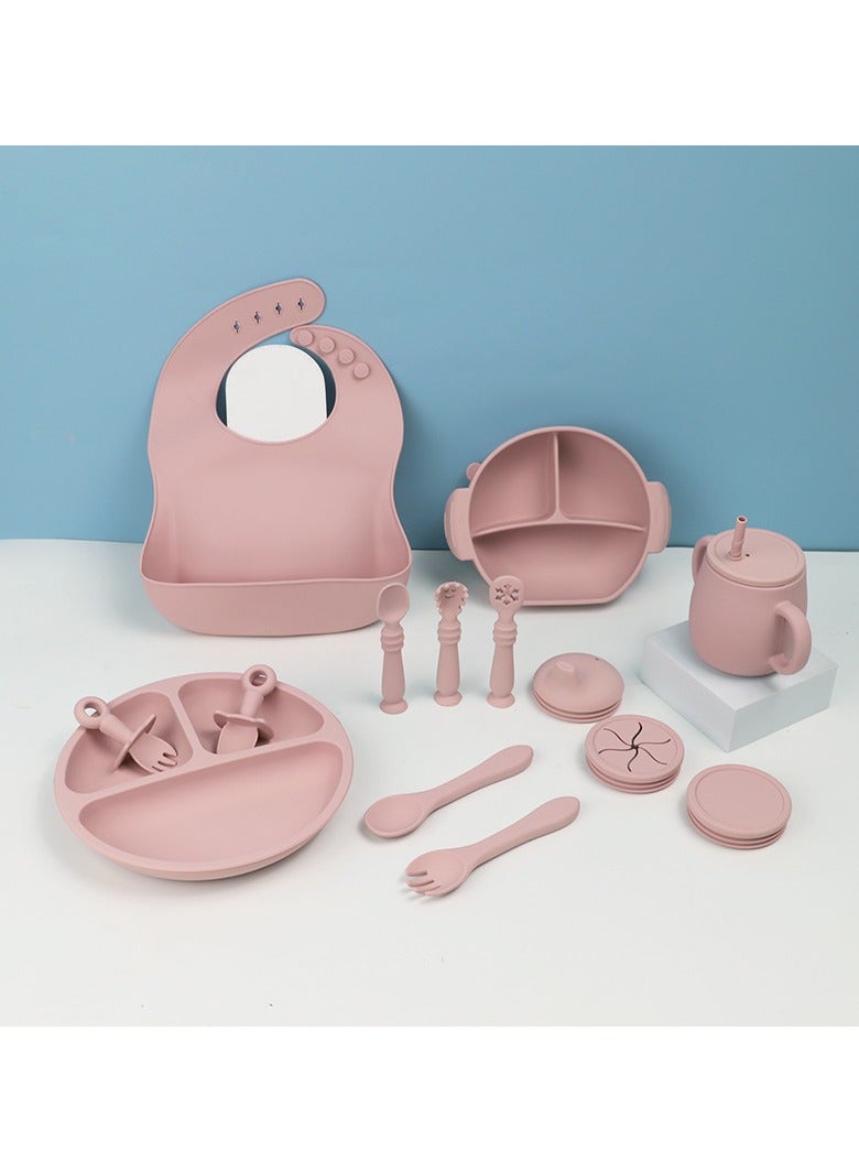 Children's Silicone Tableware Set Baby Food Plate Tableware Pink 15-Piece Set