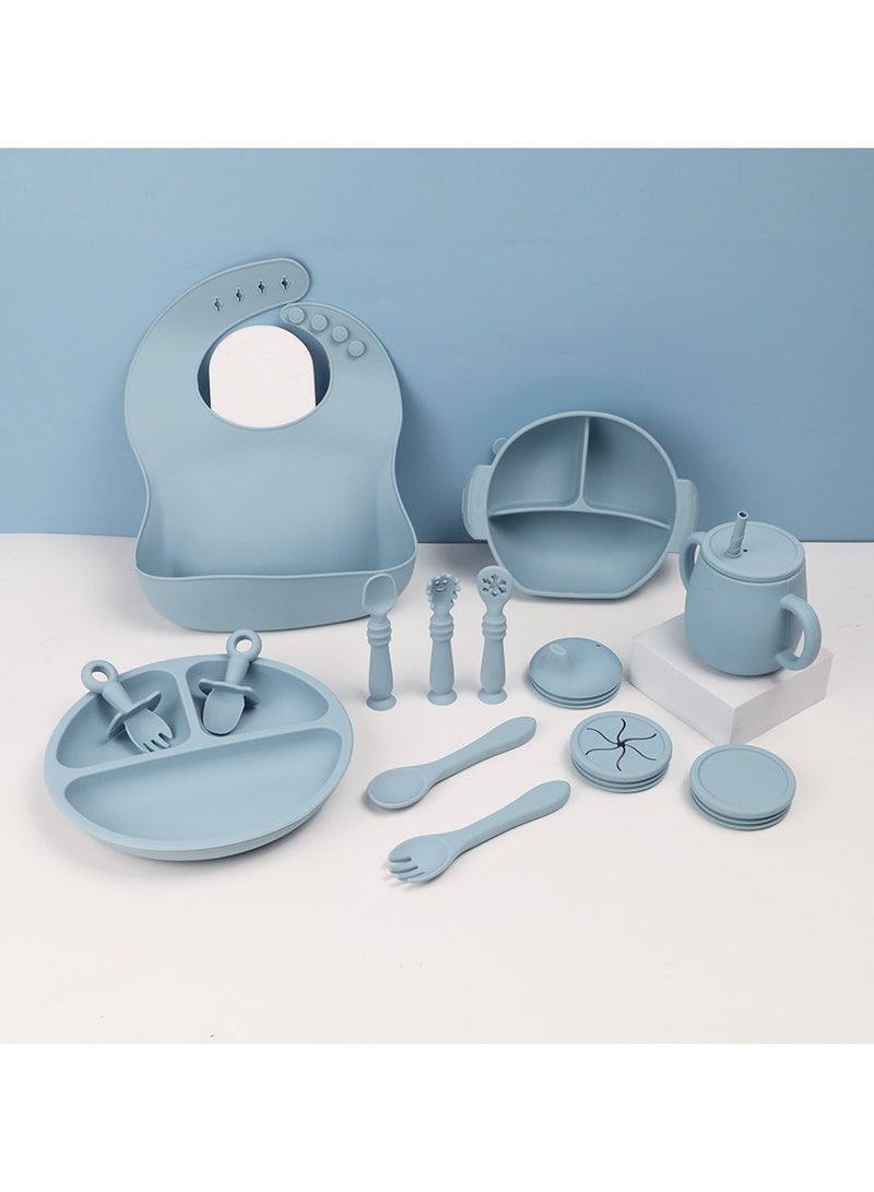 Children's Silicone Tableware Set Baby Food Plate Tableware Blue 15-Piece Set