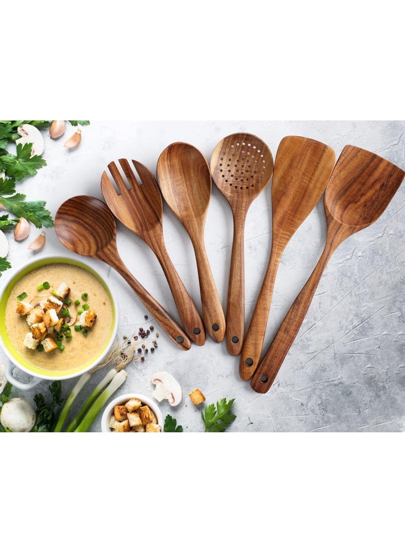 Kitchen 6 Piece Wooden Spoons For Cooking - Smooth Finish Teak Wooden Utensils For Cooking - Soft Comfortable Grip Wood Spoons For Cooking -Non-Stick Wooden Cooking Utensils -Wooden Spoon Sets