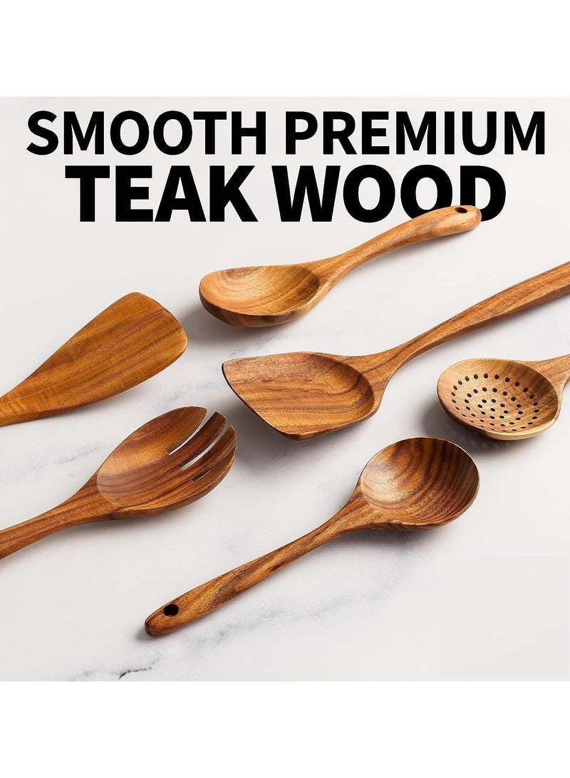 Kitchen 6 Piece Wooden Spoons For Cooking - Smooth Finish Teak Wooden Utensils For Cooking - Soft Comfortable Grip Wood Spoons For Cooking -Non-Stick Wooden Cooking Utensils -Wooden Spoon Sets