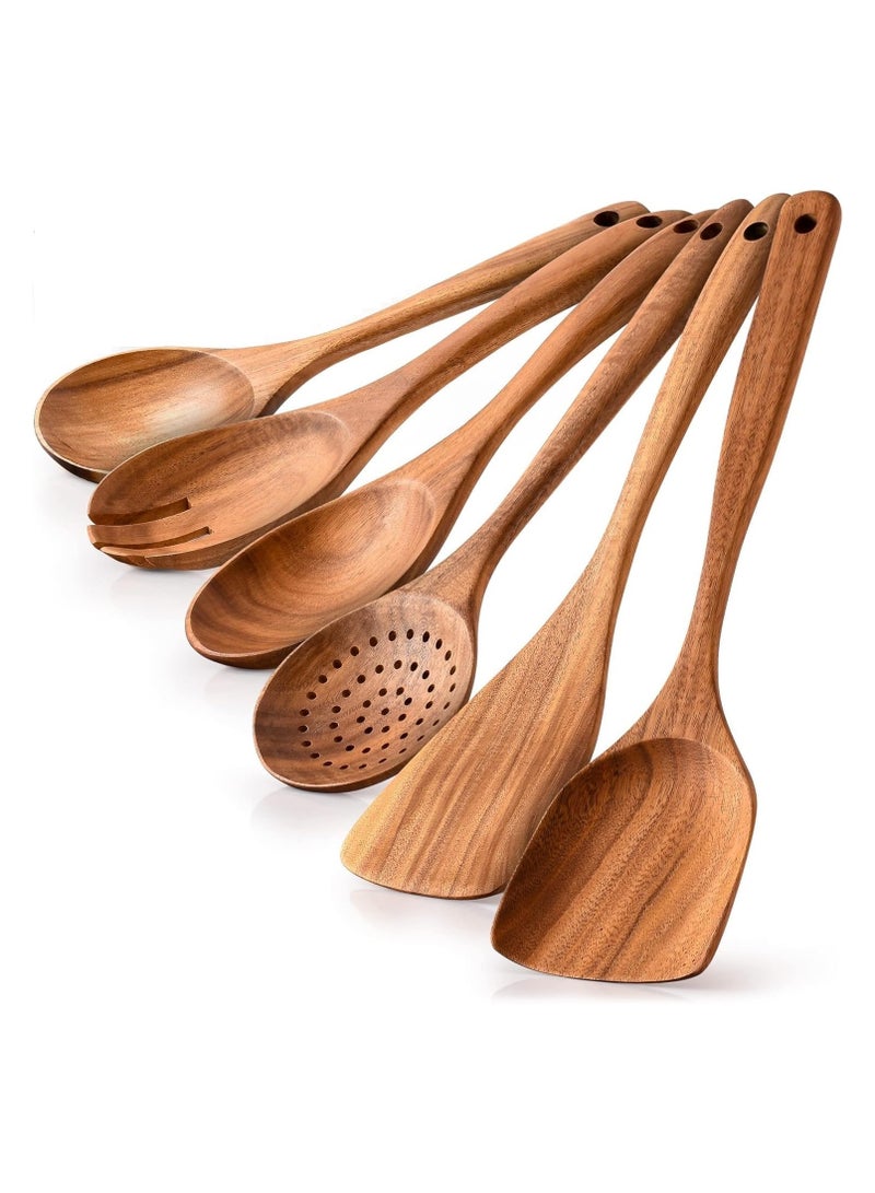 Kitchen 6 Piece Wooden Spoons For Cooking - Smooth Finish Teak Wooden Utensils For Cooking - Soft Comfortable Grip Wood Spoons For Cooking -Non-Stick Wooden Cooking Utensils -Wooden Spoon Sets