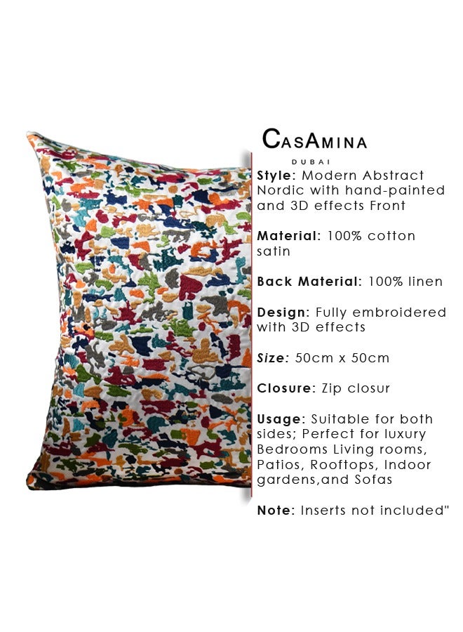 Beautiful Modern Abstract | Nordic Style |Fully Embroidered | Hand Painted Style | 3d Effect Throw Pillow Cover on 100% Cotton Satin Ground with 100% Linen Back Fabric | Suitable to be Used Both Sides for  Luxury Bedrooms, Livingrooms, Patios, Rooftops, Indoor Gardens and Sofas | 50cm x 50cm | 19 inch x 19 inch