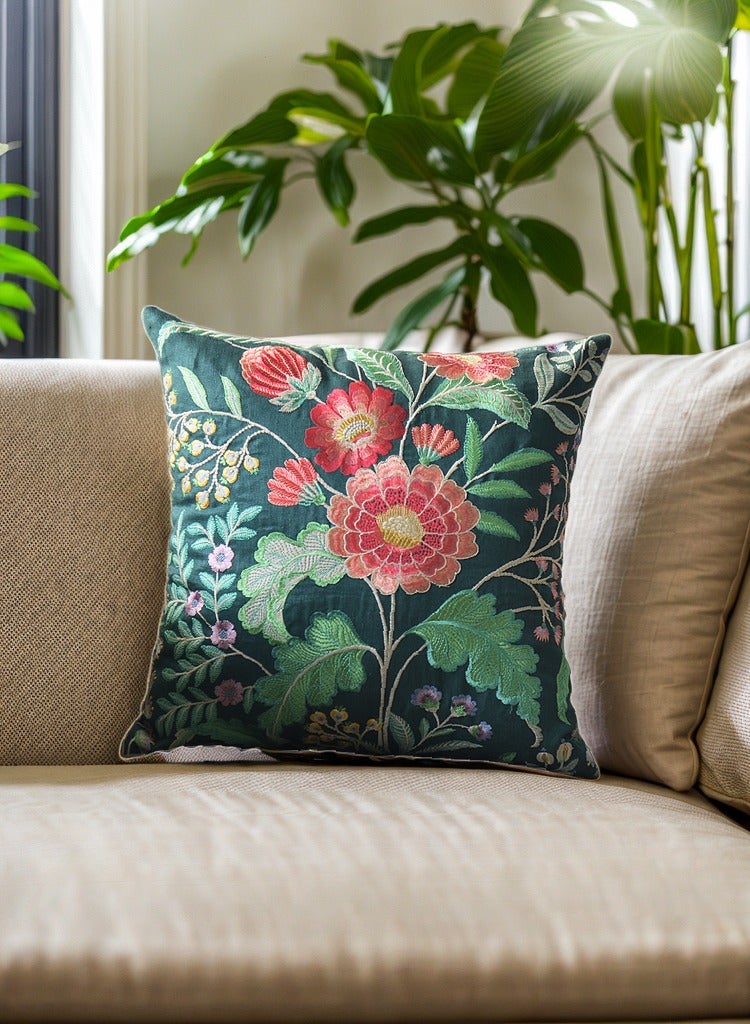 Beautiful English floral style fully embroidered  multicolor throw pillow cover on 100% linen ground with 100% linen back fabric and suitable to be used both the sides for  luxury bedrooms, livingrooms, patios, rooftops, spas, indoor gardens and sofas. 50cm x 50cm. Zip closure and inserts not included