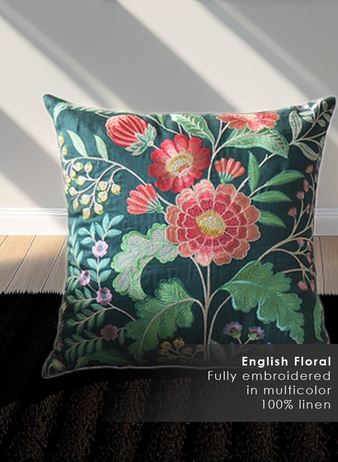 Beautiful English floral style fully embroidered  multicolor throw pillow cover on 100% linen ground with 100% linen back fabric and suitable to be used both the sides for  luxury bedrooms, livingrooms, patios, rooftops, spas, indoor gardens and sofas. 50cm x 50cm. Zip closure and inserts not included