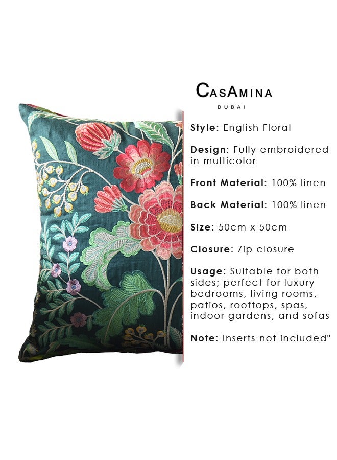 Beautiful English floral style fully embroidered  multicolor throw pillow cover on 100% linen ground with 100% linen back fabric and suitable to be used both the sides for  luxury bedrooms, livingrooms, patios, rooftops, spas, indoor gardens and sofas. 50cm x 50cm. Zip closure and inserts not included