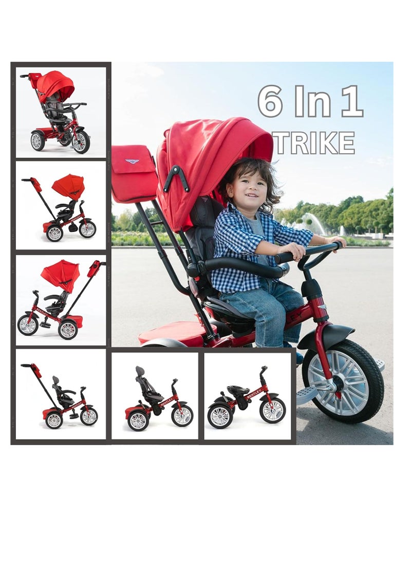 Kids 6-in-1 Tricycle - Licensed & Designed by Bentley Motors, Foldable Canopy, 5 Point Seat Belt, Rear Brake, Rotating Ergonomic Seat - 12 Months & Above (Dragon Red)