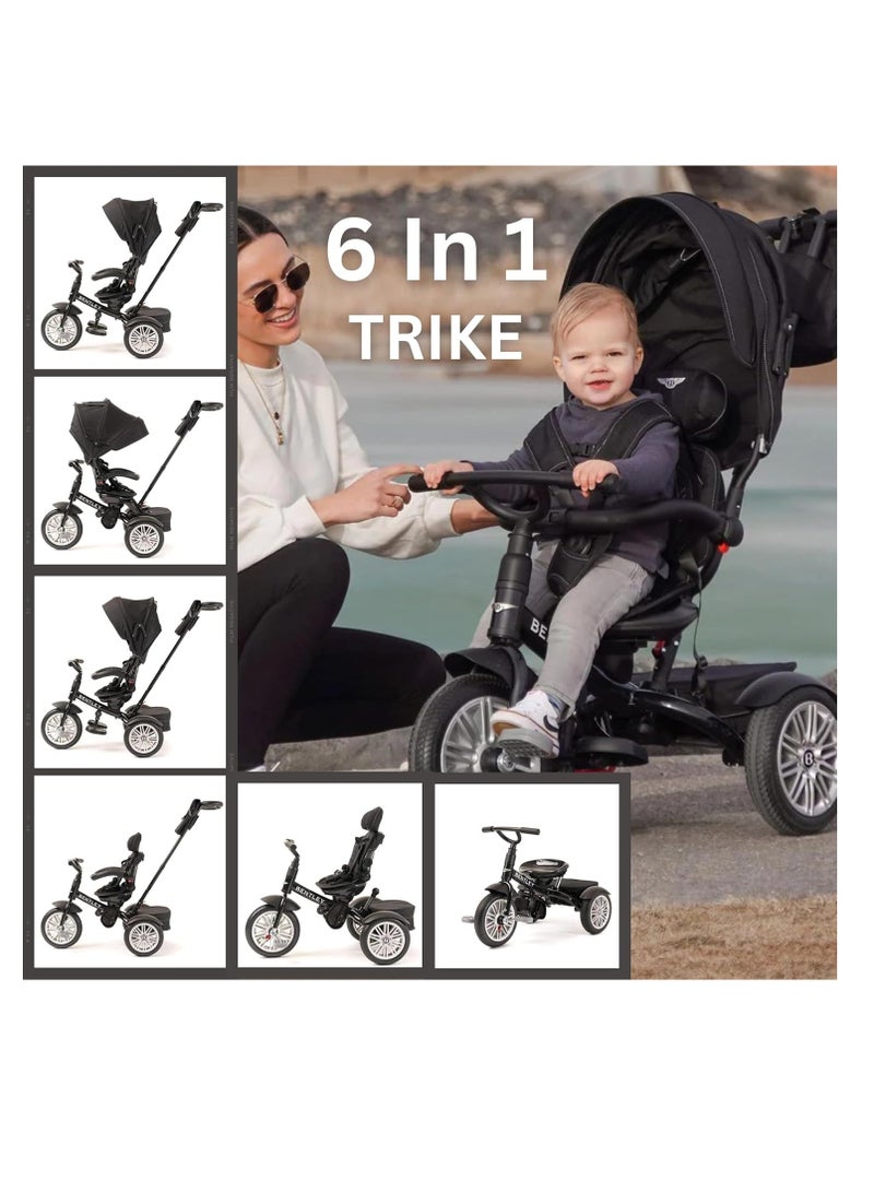 Kids 6-in-1 Tricycle - Licensed & Designed by Bentley Motors, Foldable Canopy, 5 Point Seat Belt, Rear Brake, Rotating Ergonomic Seat - 12 Months & Above (Onyx Black)