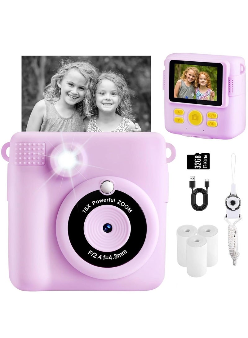 Kids Camera for Girls Boys, Instant Camera for Kids with Print Photo Paper,1080P HD Kids Digital Camera with 32GB SD Card Portable Toy Birthday Gifts for 3-12 Year Old