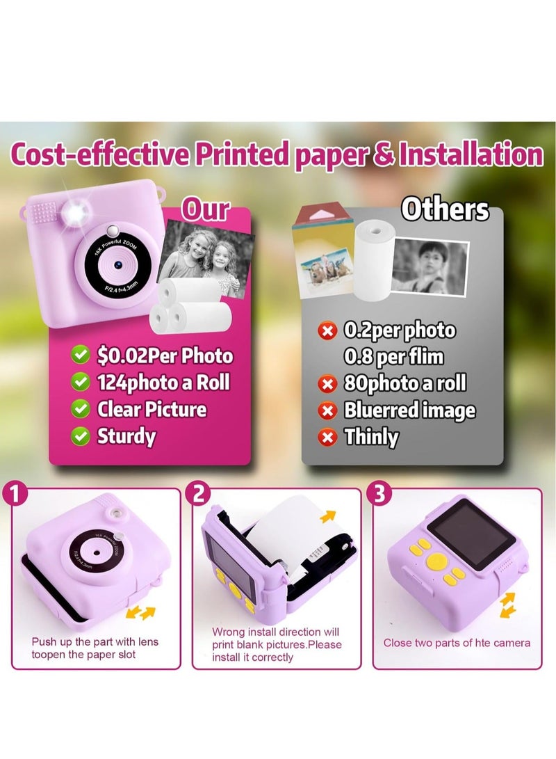 Kids Camera for Girls Boys, Instant Camera for Kids with Print Photo Paper,1080P HD Kids Digital Camera with 32GB SD Card Portable Toy Birthday Gifts for 3-12 Year Old