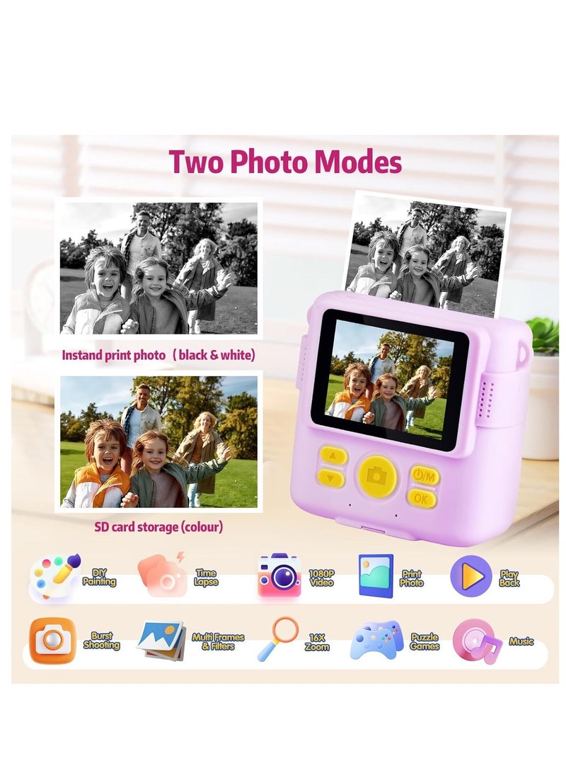 Kids Camera for Girls Boys, Instant Camera for Kids with Print Photo Paper,1080P HD Kids Digital Camera with 32GB SD Card Portable Toy Birthday Gifts for 3-12 Year Old