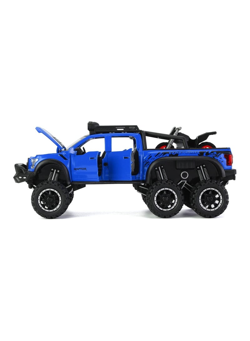 Toy Pickup F150 six-Wheel (Length 8.6 inch) Metal die-cast Model car Sound and Light with Motorcycle Toy car 3 4 5 6 7 8 9 10 11 12 Year Old boy Toy (Blue)