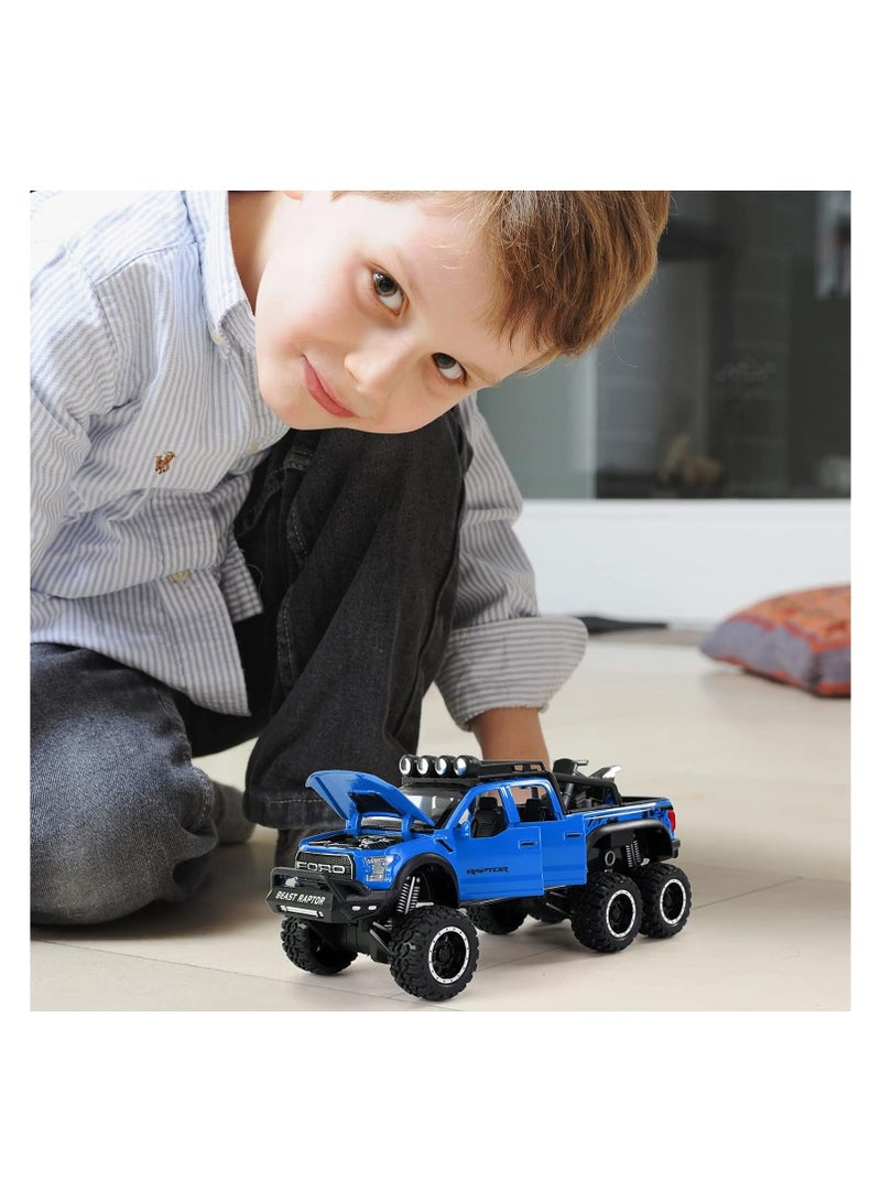 Toy Pickup F150 six-Wheel (Length 8.6 inch) Metal die-cast Model car Sound and Light with Motorcycle Toy car 3 4 5 6 7 8 9 10 11 12 Year Old boy Toy (Blue)