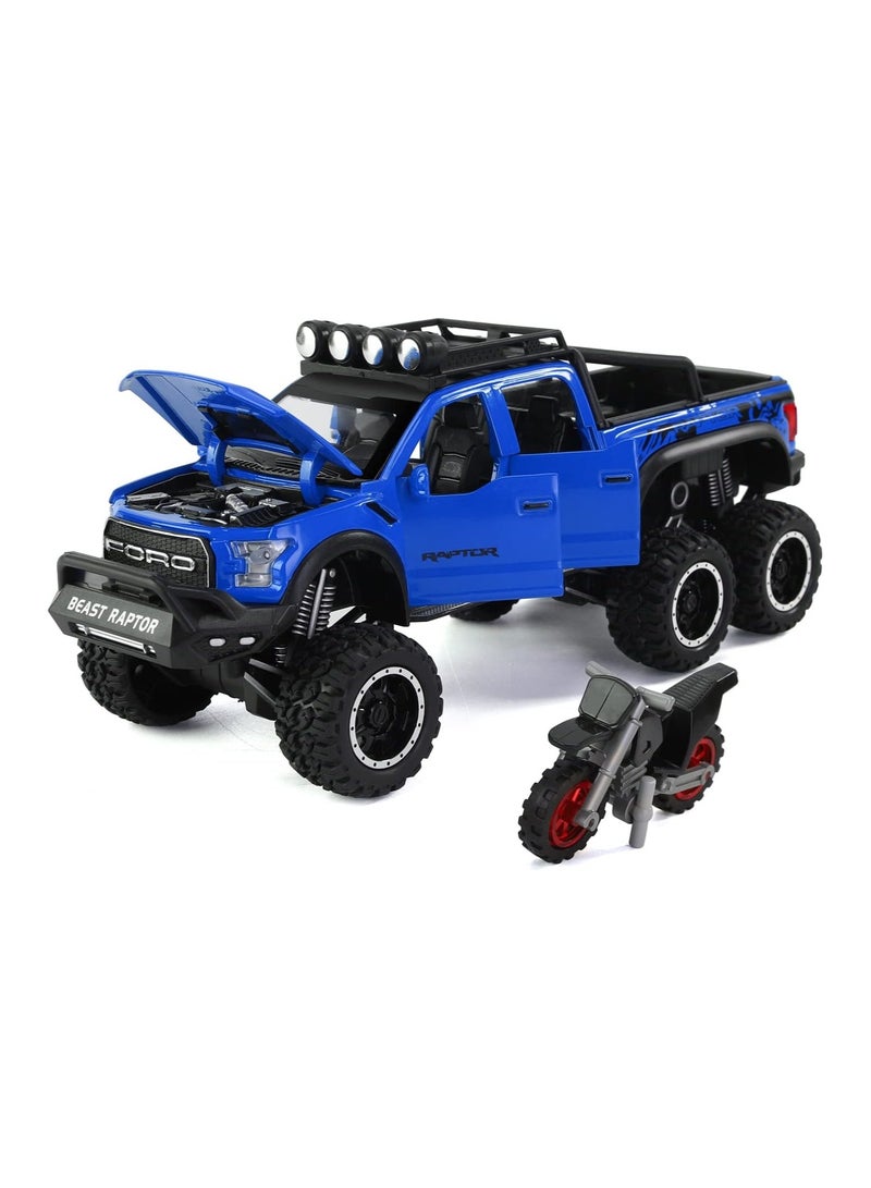 Toy Pickup F150 six-Wheel (Length 8.6 inch) Metal die-cast Model car Sound and Light with Motorcycle Toy car 3 4 5 6 7 8 9 10 11 12 Year Old boy Toy (Blue)