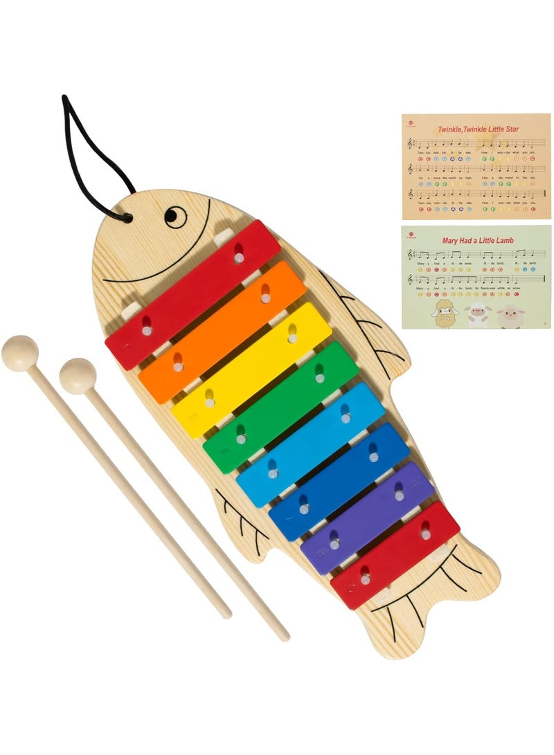 Xylophone For Baby Toddler Fish Shape Wooden Xylophone With 2 Mallets Educational & Preschool Learning Percussion Instrument Professional Tuning Musical Toys For Kids Aged