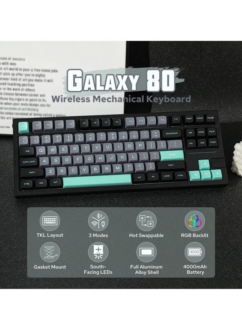 x Feker Galaxy80 Gaming Keyboard, Aluminum Alloy Wireless Mechanical Keyboard, BT5.0/2.4G/USB-C Gasket-mounted Keyboard, Hot Swappable, NKRO Creamy Keyboard (Black, Marble White Switch)