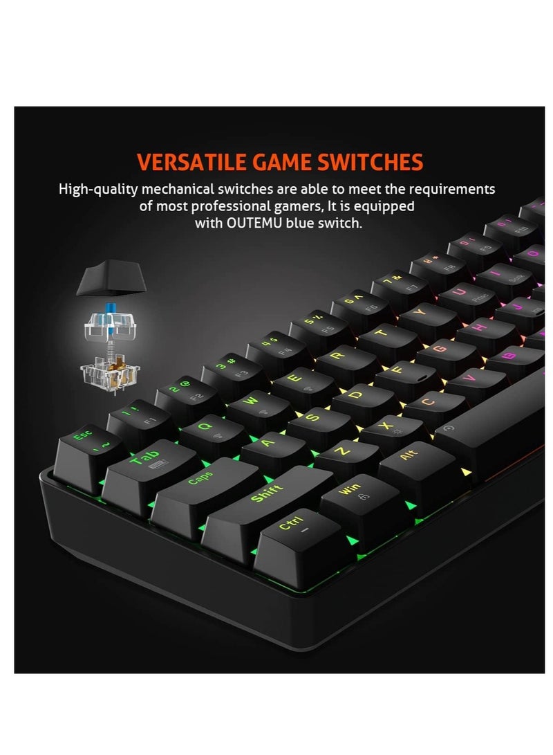 MEETION RGB Backlit Mini 61 Keys Wired 60% Mini Blue Switch Mechanical Keyboard Black MT-MK005