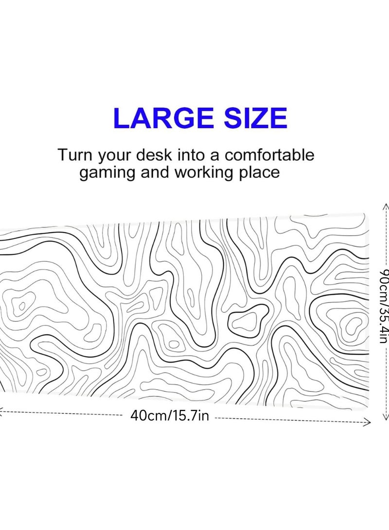 Large Gaming Mouse Pad with Stitched Edges, Minimalist Topographic Desk Map Table Mat,Extended Mousepad with Anti-Slip Base,Water Resist Keyboard Pad for Computer(900x400mm,White)