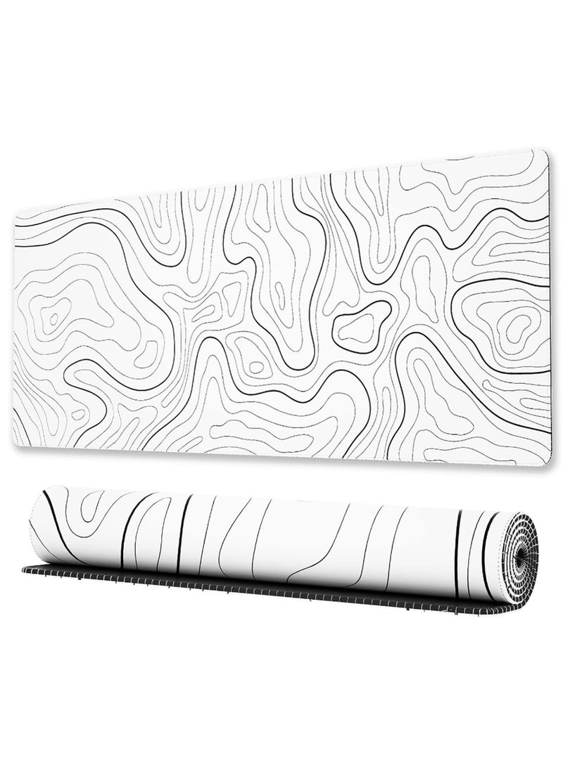 Large Gaming Mouse Pad with Stitched Edges, Minimalist Topographic Desk Map Table Mat,Extended Mousepad with Anti-Slip Base,Water Resist Keyboard Pad for Computer(900x400mm,White)