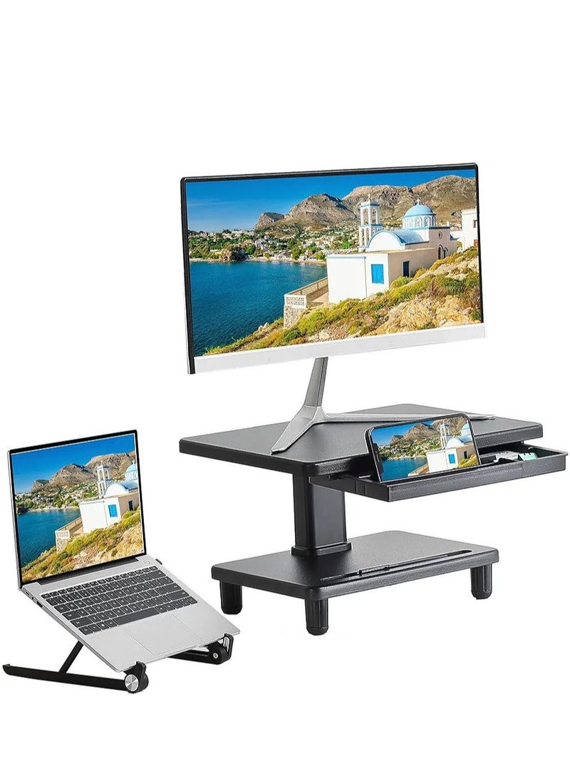 Laptop Stand Adjustable Monitor Stand For Desk Desktop Stand With Storage Drawer Bonus Free Portable Laptop Riser Compatible With Laptop Computer And All Screen Display.