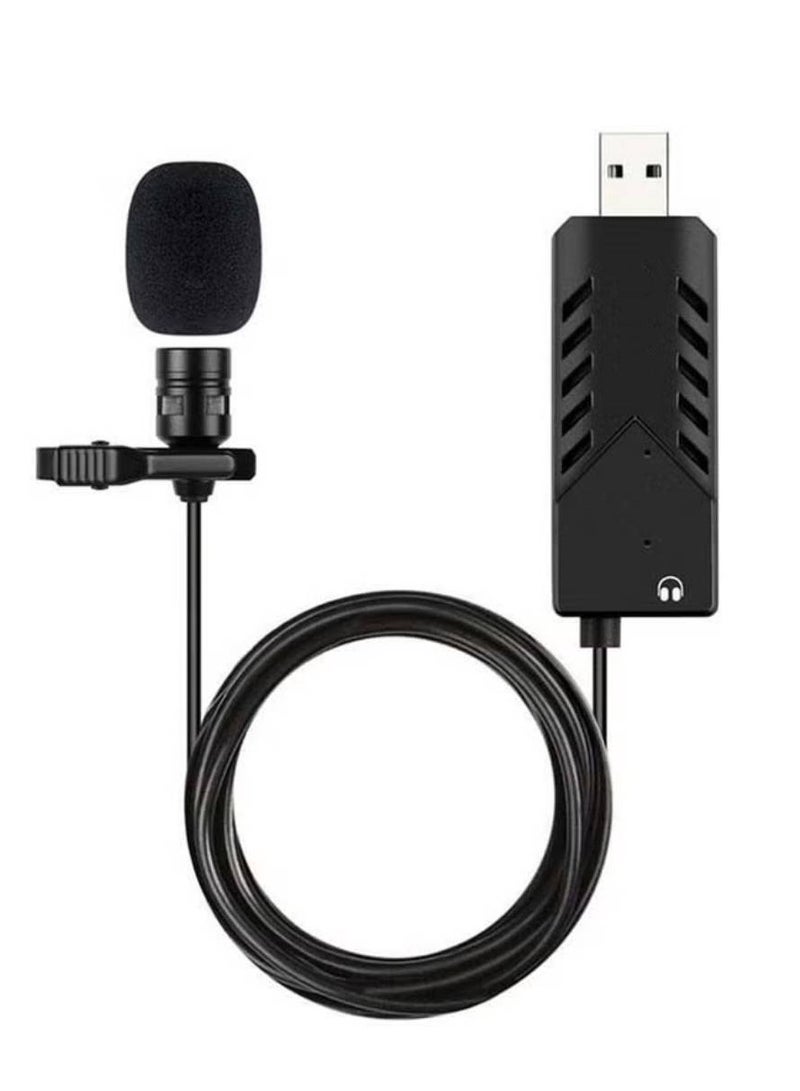 K053 USB Lavalier Cardioid Condenser Microphone With Clip-On And Sound Card For PC and MAC USB Lavalier Lapel Microphone K053 Black