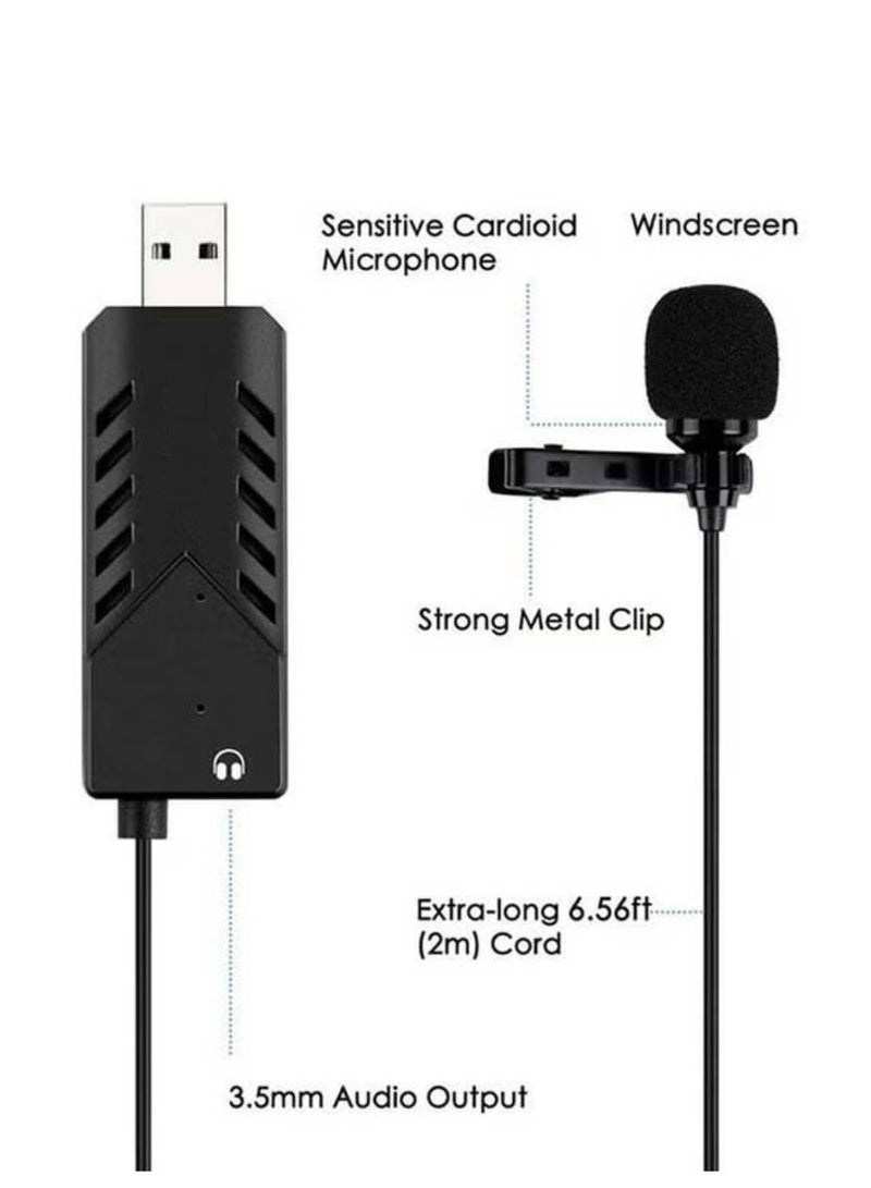 K053 USB Lavalier Cardioid Condenser Microphone With Clip-On And Sound Card For PC and MAC USB Lavalier Lapel Microphone K053 Black