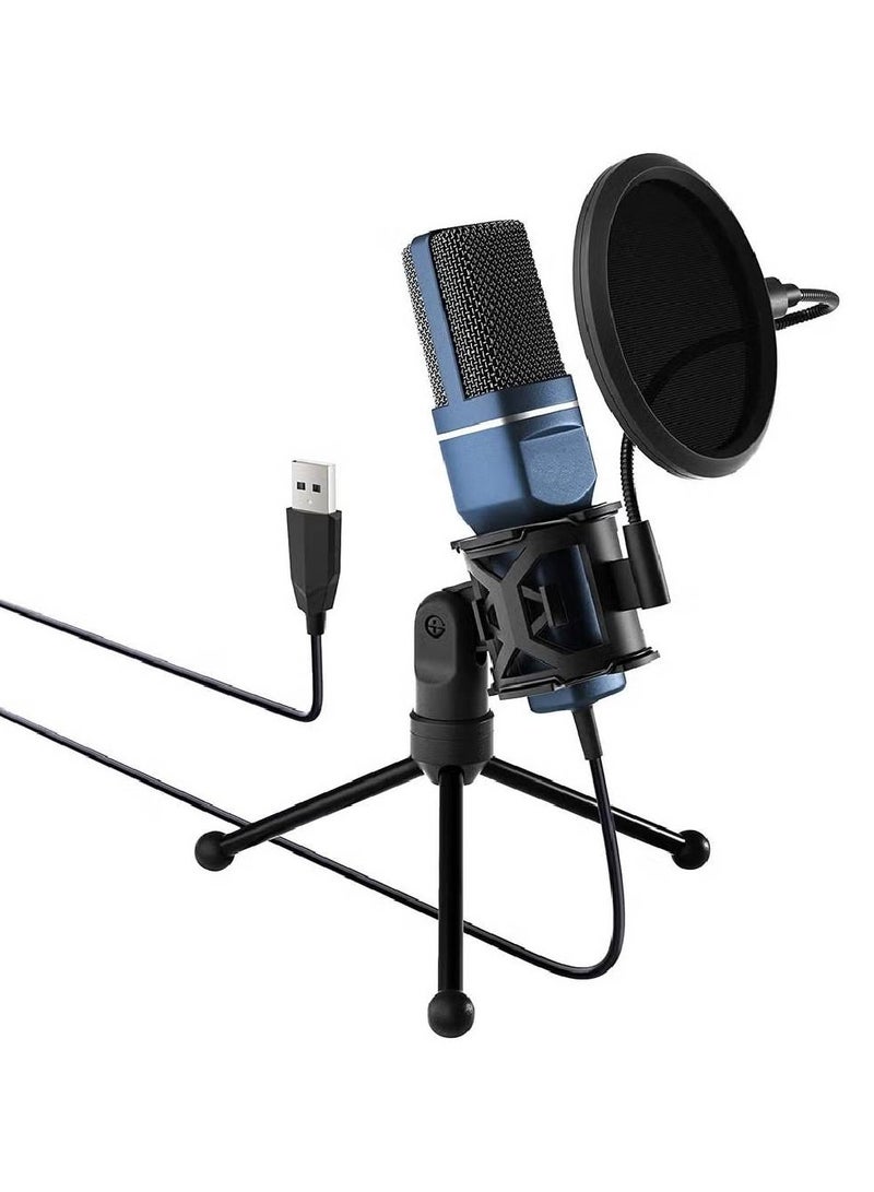 Podcast Microphone, USB Computer Microphone, Cardioid Condenser PC Mic with Tripod Stand and Pop Filter for Podcasting, Streaming, Vocal Recording, Compatible with PC & Laptop, PS4/5