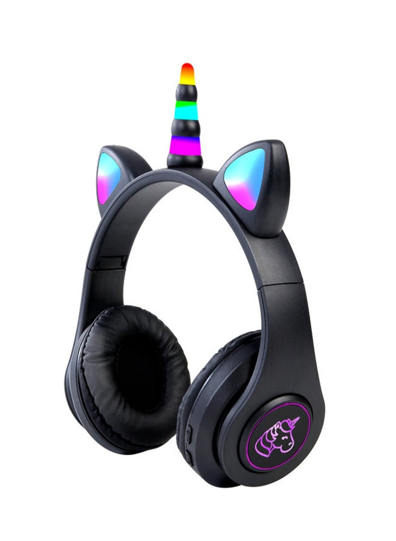 Head-mounted LED Flash Bluetooth Headphones Unicorn Luminous Cat Ear Stereo Wireless Sports Headphones (Black)