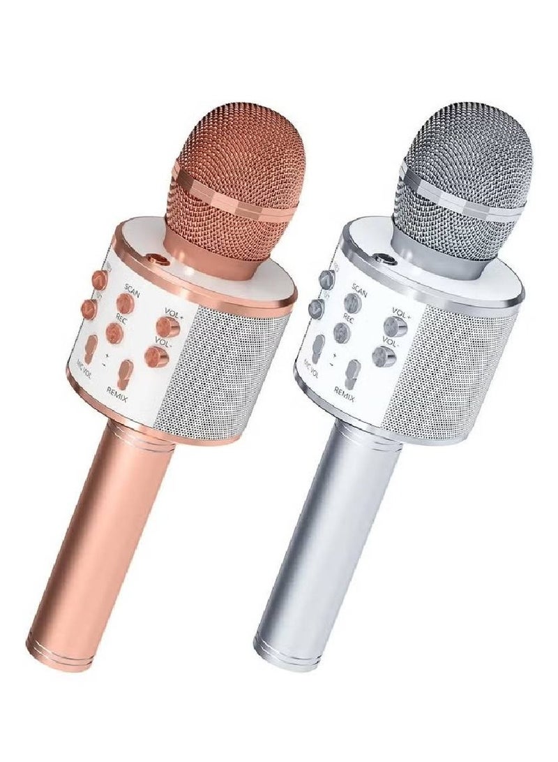 2-Pack Wireless Bluetooth Karaoke Microphones - Portable Handheld Mics with Built-In Speaker (Rose Gold & Silver)