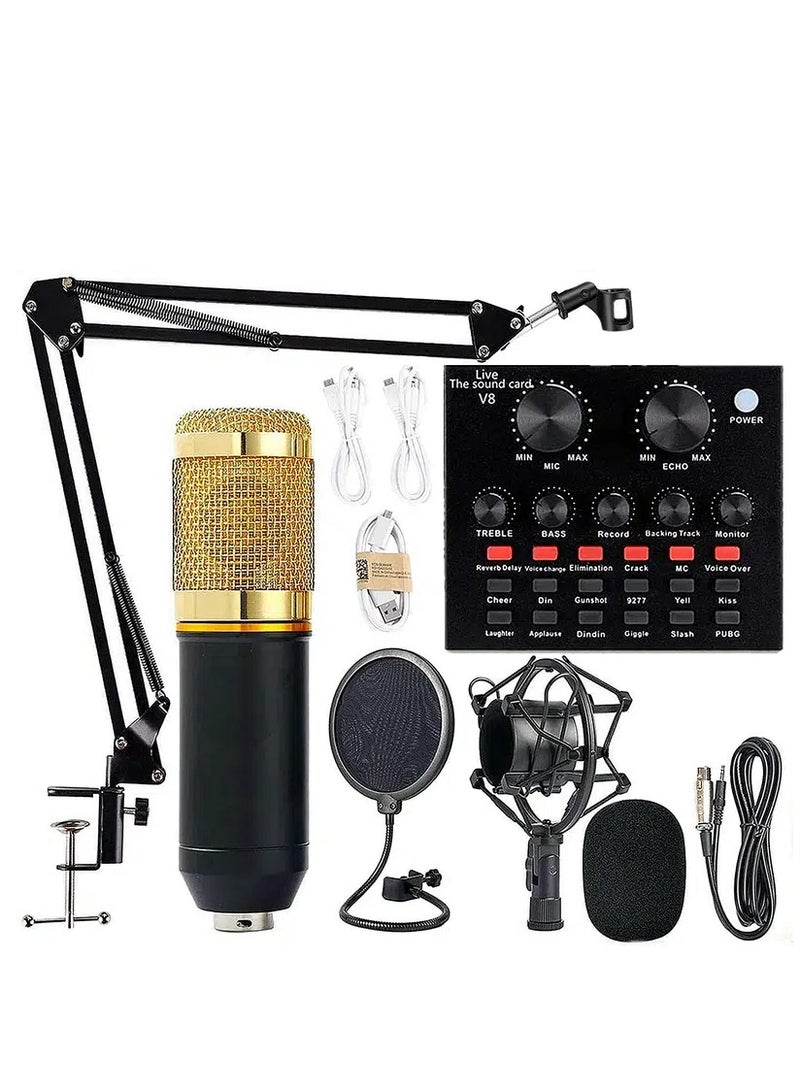 V8 Sound Card With Bm-800 Condenser Microphone Mic Kit With Live Sound Card Adjustable Mic Suspension Scissor Arm Metal Shock Mount And Double-Layer