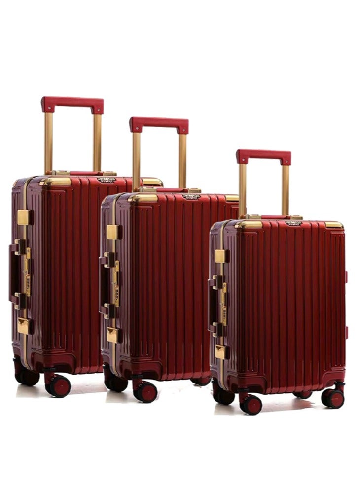 3 PCS TROLLEY LUGGAGE ALUMINUM FRAME POLY CARBON MATERIAL, LUGGAGE SUITCASE SET AND CABIN LUGGAGE BAG SET WINE COLOUR