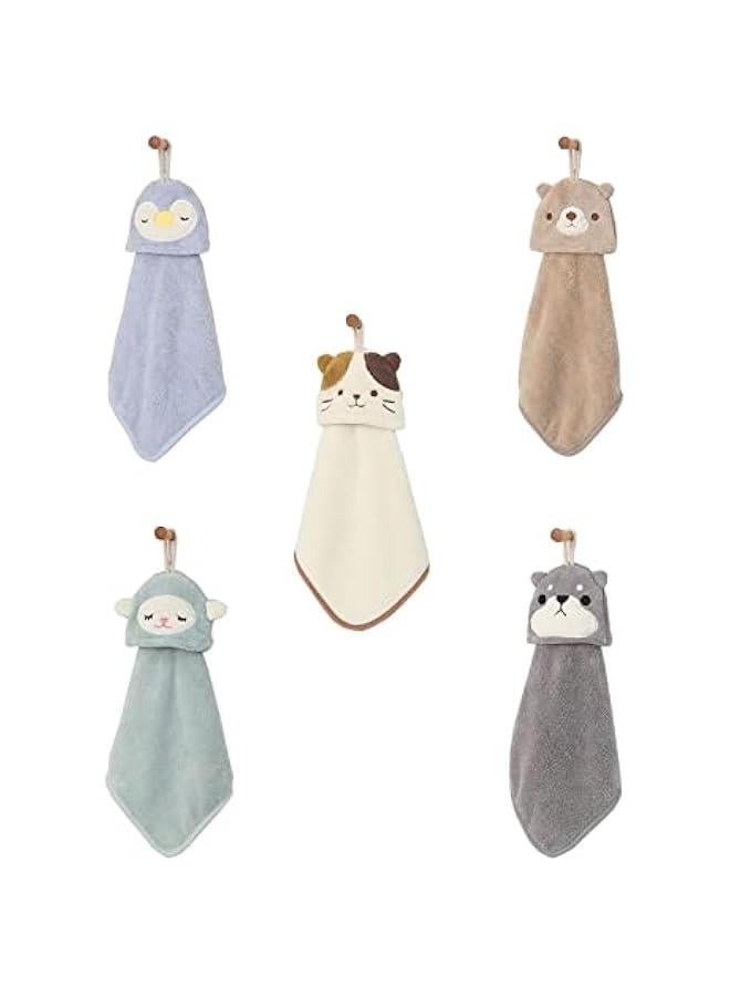 5 Pack Cute Hand Towels with Hanging Loop, Cartoon Animal Absorbent Hand Towels for Kitchen, Coral Fleece Plush Towel for Bathroom Bedroom