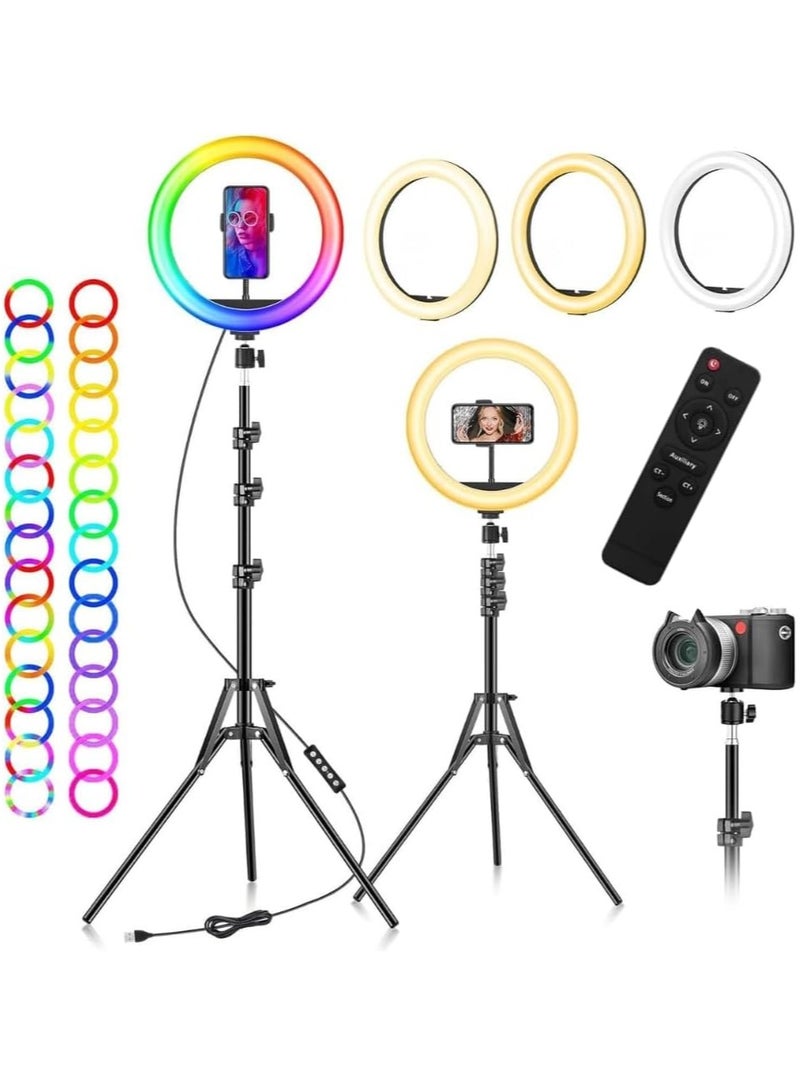 Ring Light with Tripod Stand Phone Holder |22 inch Selfie LED Ringlight Dimmable Desktop Lamp 40 Colors RGB Tall Circle Light for Camera Makeup Video YouTube with Remote Stand MJ-56