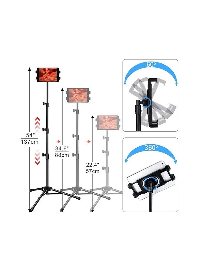 Tripod Stand Tablet Holder: Adjustable Height Tripod Stand Foldable Phone Holder Phone Tripod Stand Floor Tablet Cradle Bracket for 4.7-12.9 Inch iPhone 13 Pro Samsung Tab iPad Mini Galaxy