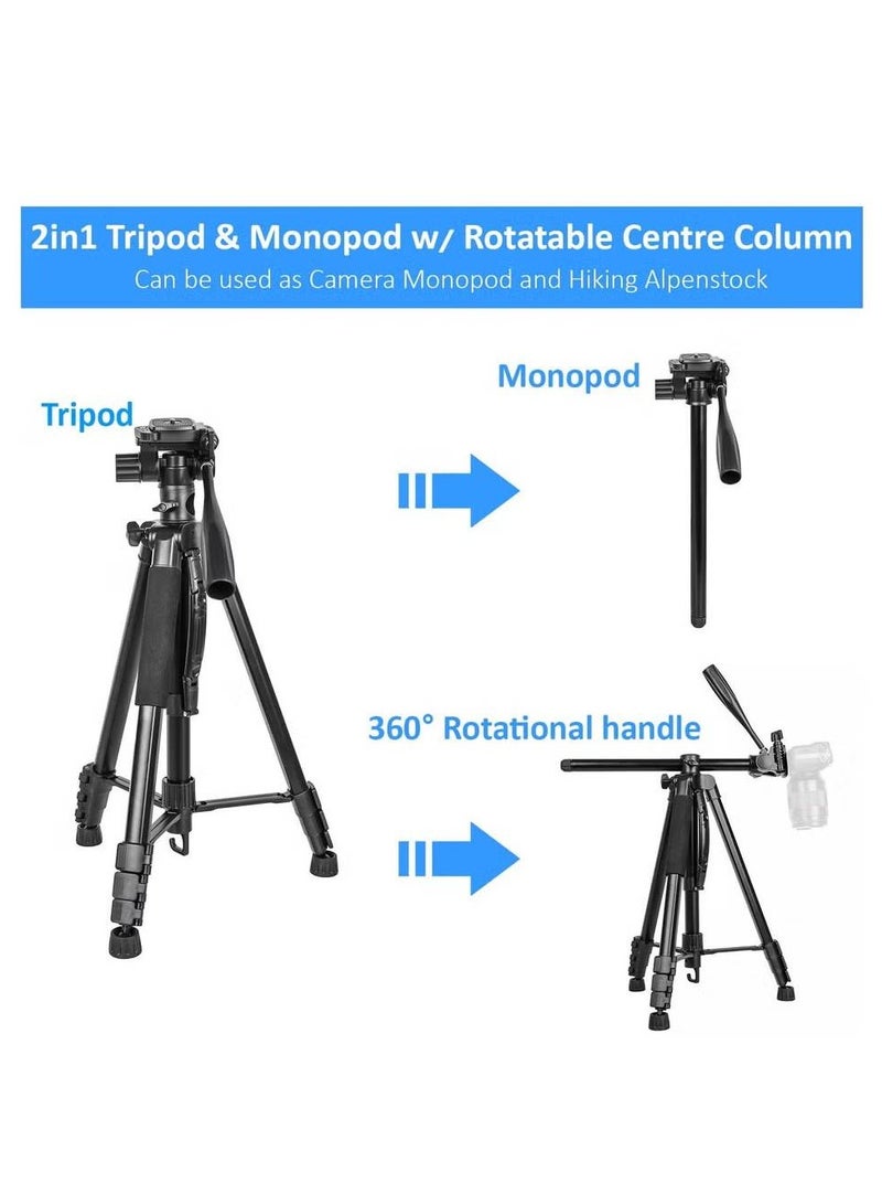 T900 Professional Video Camera Tripod, Aluminum Alloy Travel Portable 2in1' Monopod Tripod with Rotatable Center Column, Mobile Holder and Carrying Bag Max Height 178CM & Max Load up to 5KG