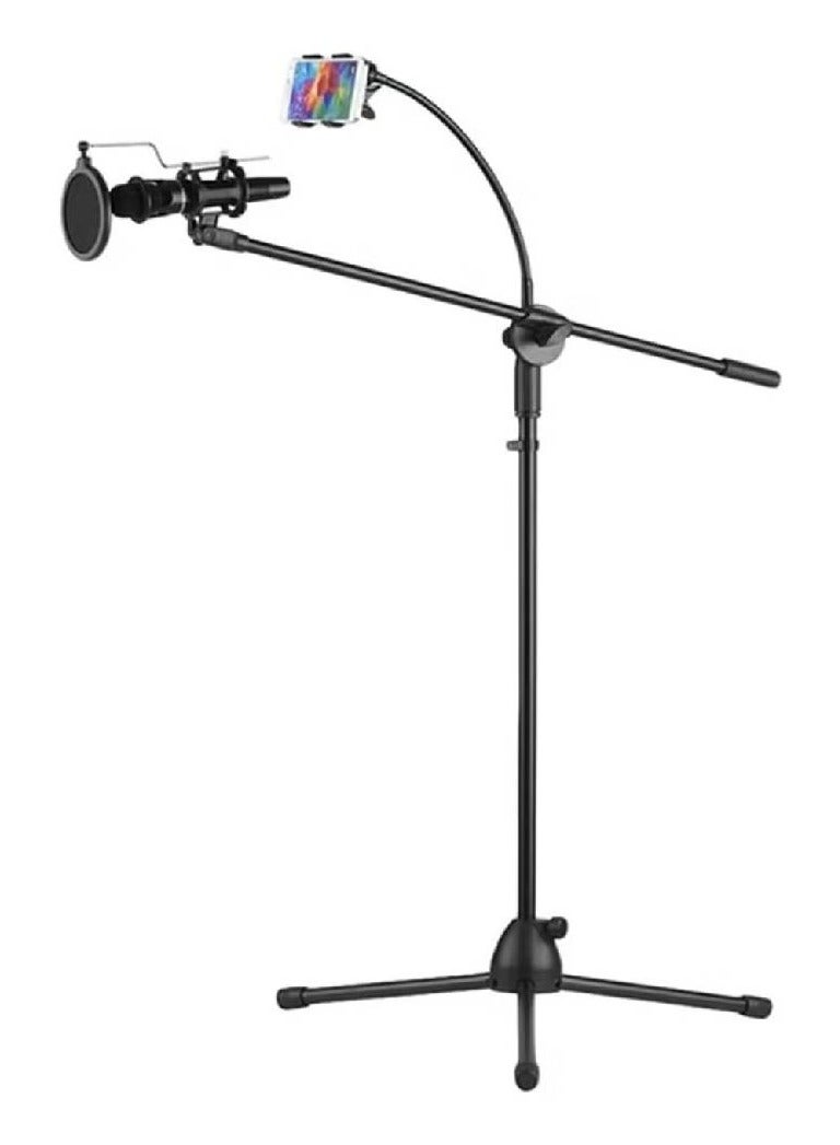 Height Angle Adjustable Floor Standing Tripod Stand With Mic Clip And Phone Holder Black