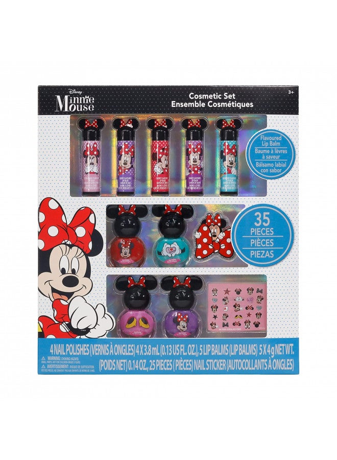 Townley Girl Disney Minnie Mouse Sparkly Cosmetic Makeup Set for Girls with Lip Balm Nail Polish Nail Stickers -35 Pcs|Perfect for Parties Sleepovers Makeovers|Birthday Gift for Girls above 3 Yrs