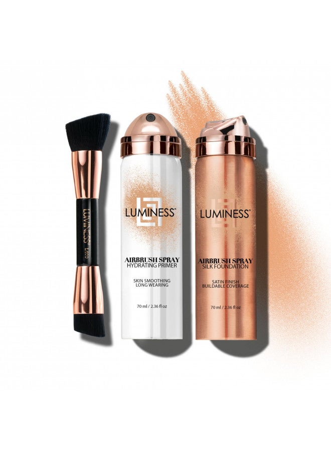 LUMINESS Silk Airbrush Spray Foundation Makeup Starter Kit - Full Coverage Foundation, Primer & Dual-Sided Angled Buffing Brush - Medium Warm
