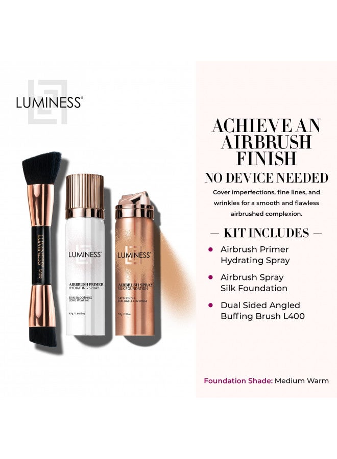 LUMINESS Silk Airbrush Spray Foundation Makeup Starter Kit - Full Coverage Foundation, Primer & Dual-Sided Angled Buffing Brush - Medium Warm