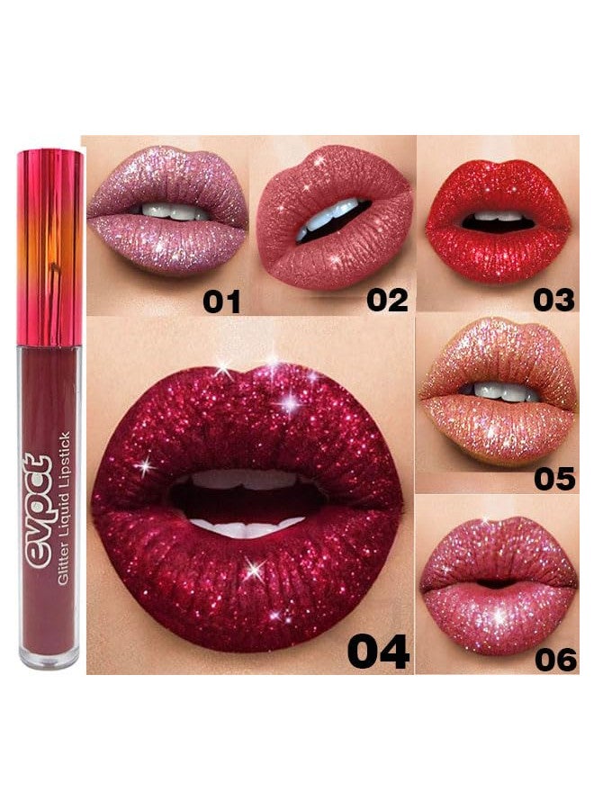 evpct 6Pcs Matte to Glitter Liquid Lipstick Long Lasting Lip Set Kit,6 Color Diamond Shiny Dark Red Pink Purple Glitter Sparkly Glossy Metallic Shimmer Sparkle Waterproof Lipstick Lip Gloss for Women