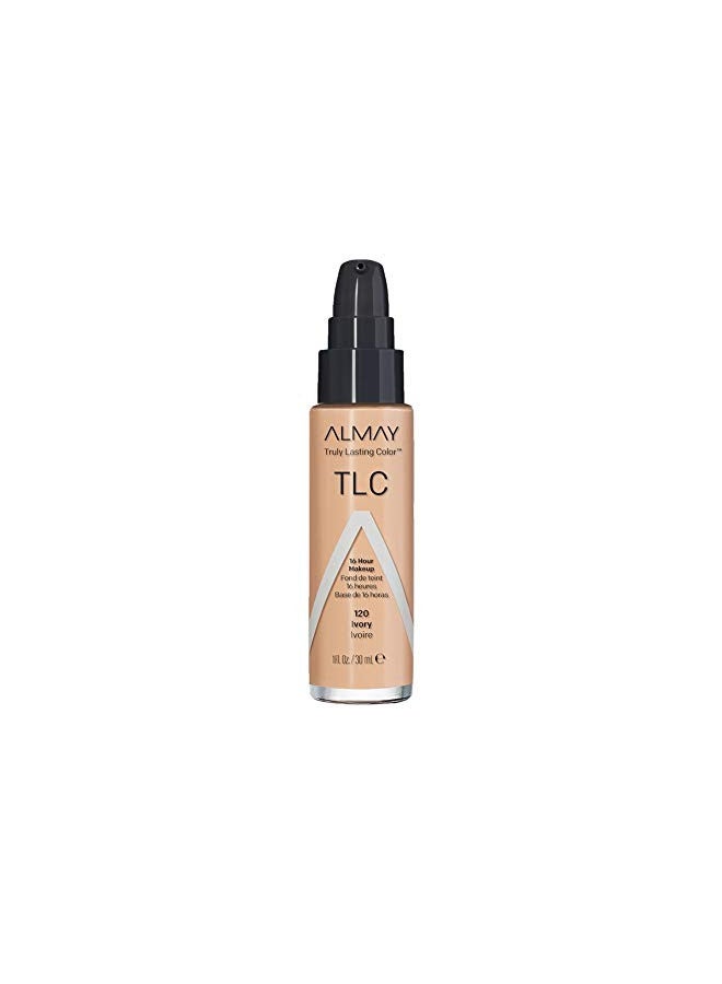 Almay Truly Lasting Color Liquid Makeup, Long Wearing Natural Finish Foundation with Vitamin E and Lemon Extract, Hypoallergenic, Cruelty Free, -Fragrance Free, Dermatologist Tested, 120 Ivory, 1 oz