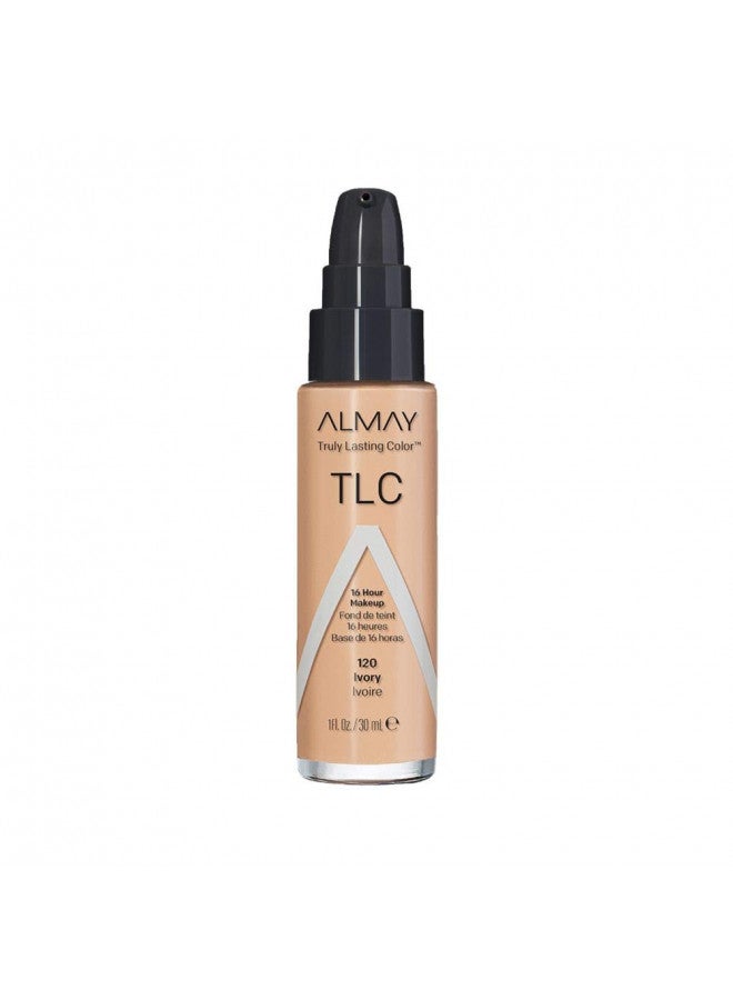 Almay Truly Lasting Color Liquid Makeup, Long Wearing Natural Finish Foundation with Vitamin E and Lemon Extract, Hypoallergenic, Cruelty Free, -Fragrance Free, Dermatologist Tested, 120 Ivory, 1 oz